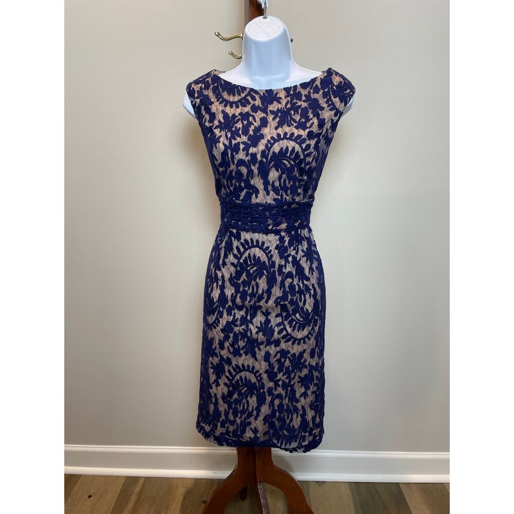 Adrianna Papell Navy Lace-Overlay Midi Dress